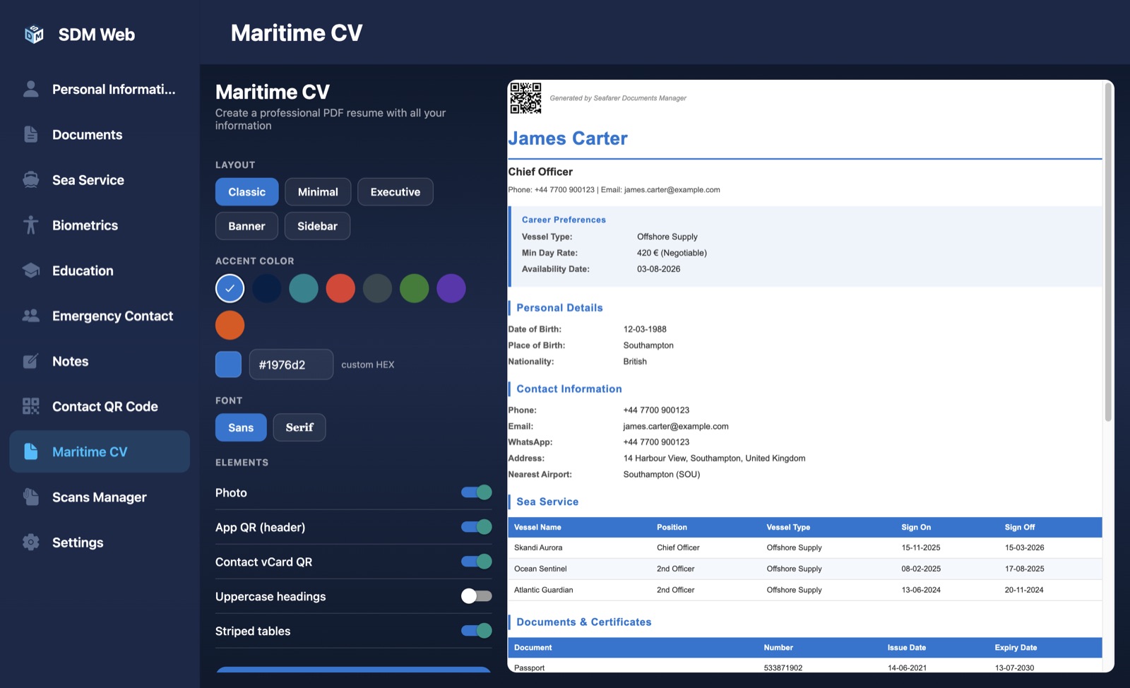 SDM Web on desktop — Maritime CV designer with live PDF preview